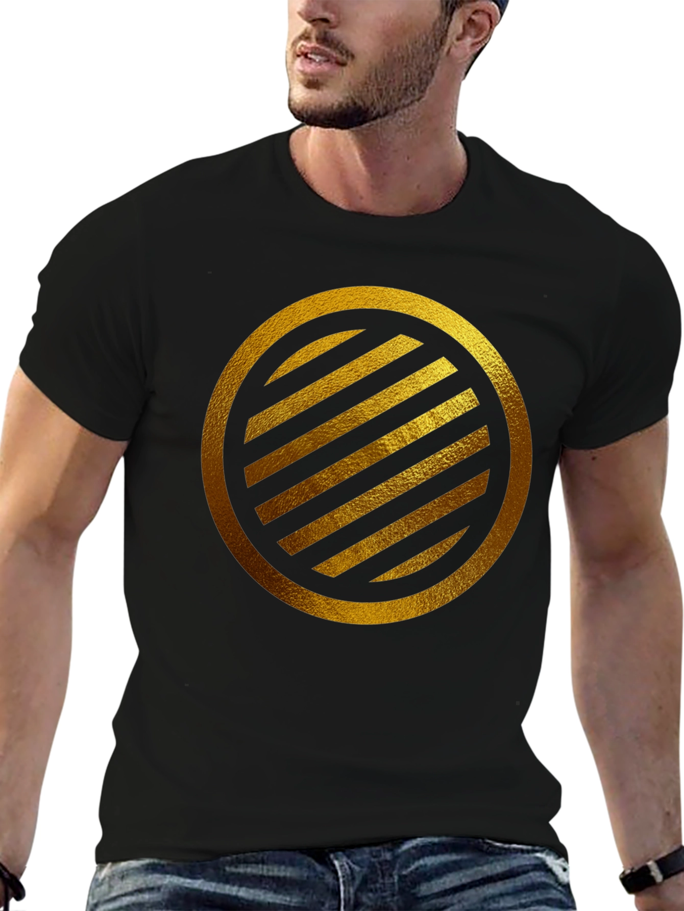Gold Striped Circle on Black T-Shirt