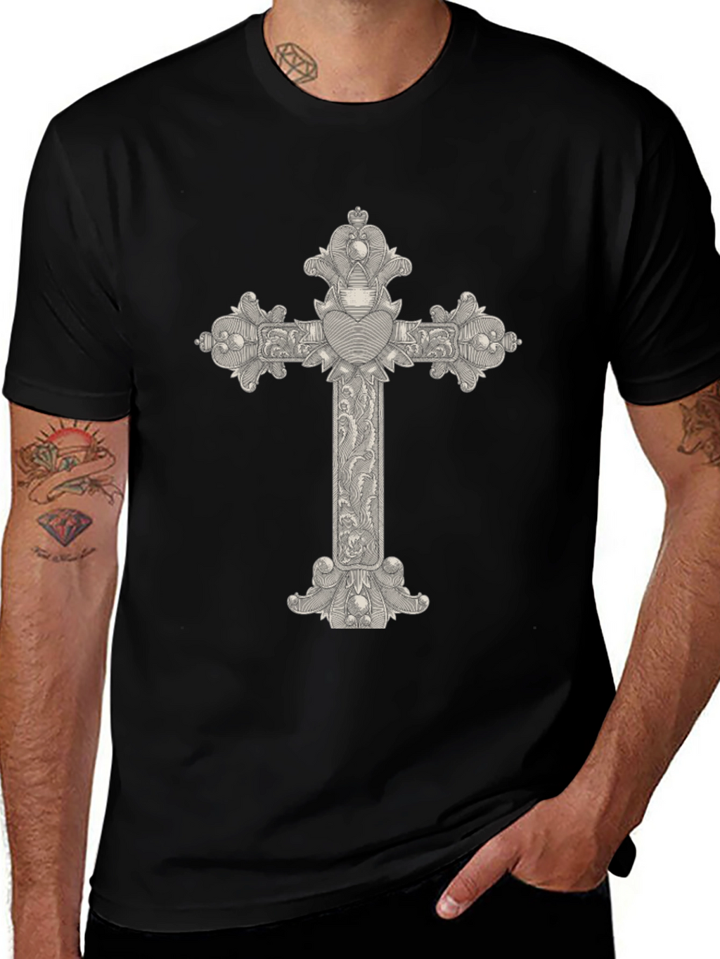 Ornate Cross Graphic Tee - Classic Black T-Shirt