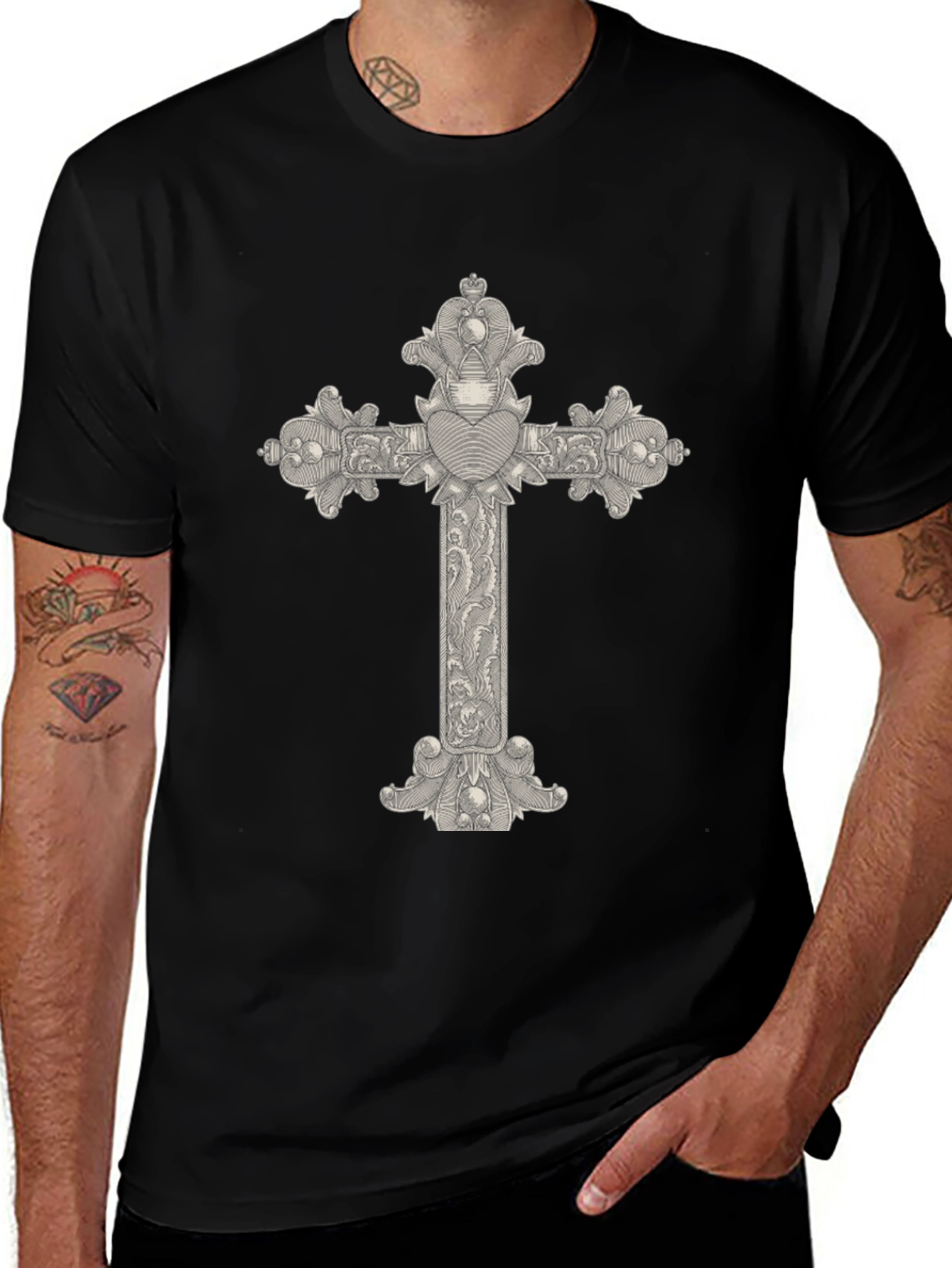 Ornate Cross Graphic Tee - Classic Black T-Shirt