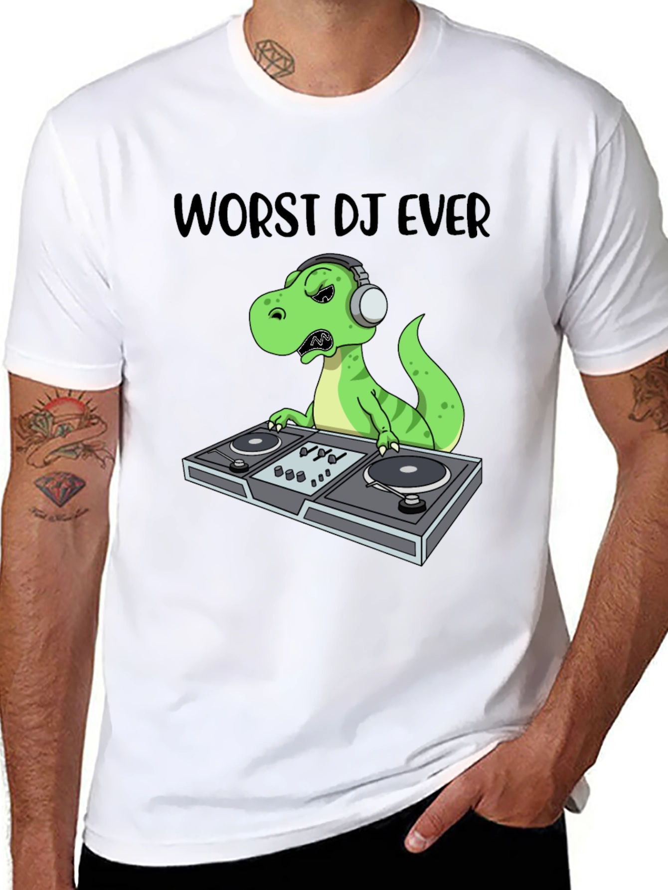 Worst DJ Ever T-Shirt - Dinosaur DJing