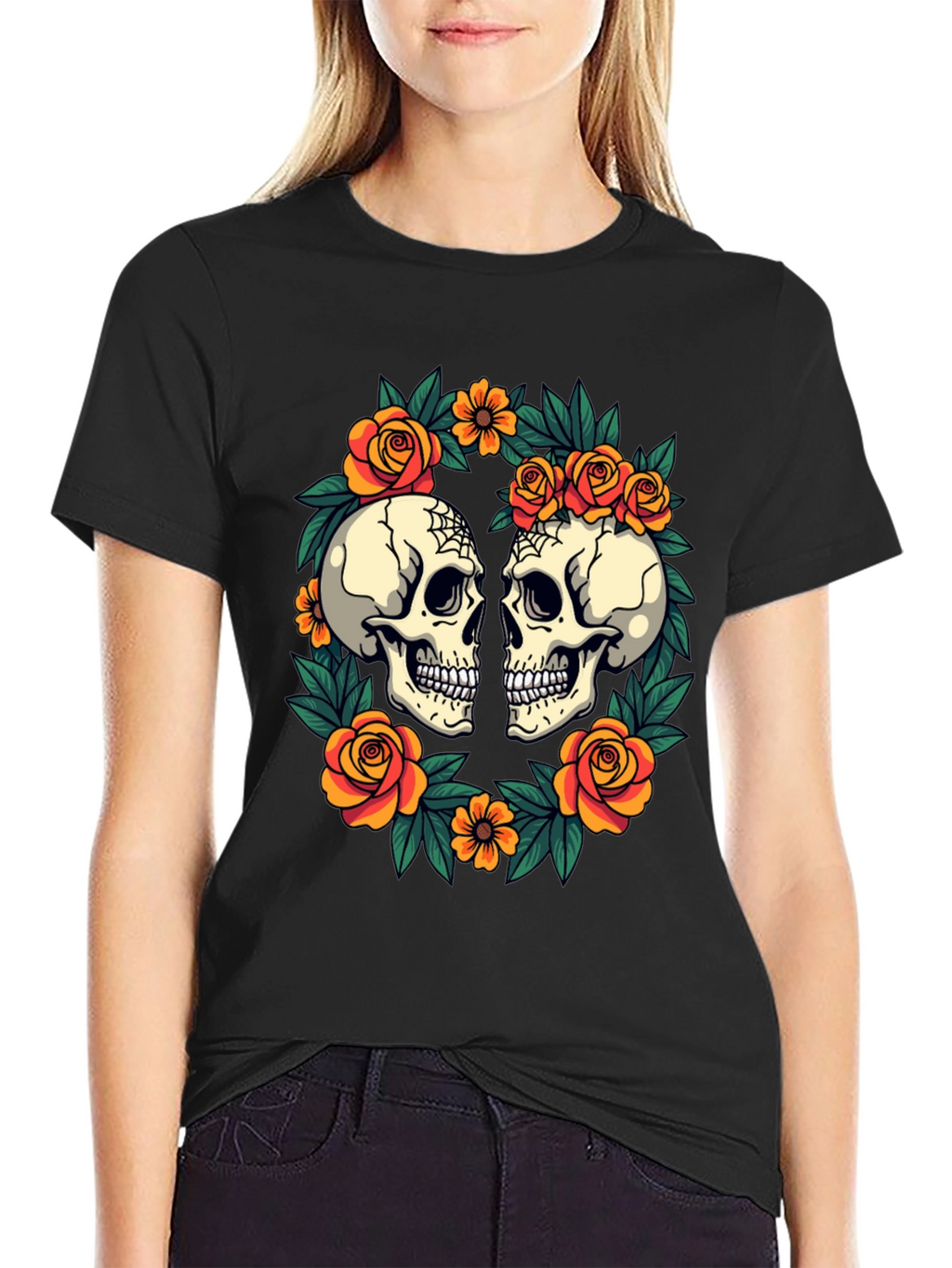 Skull & Rose Wreath T-Shirt - Gothic Aesthetic