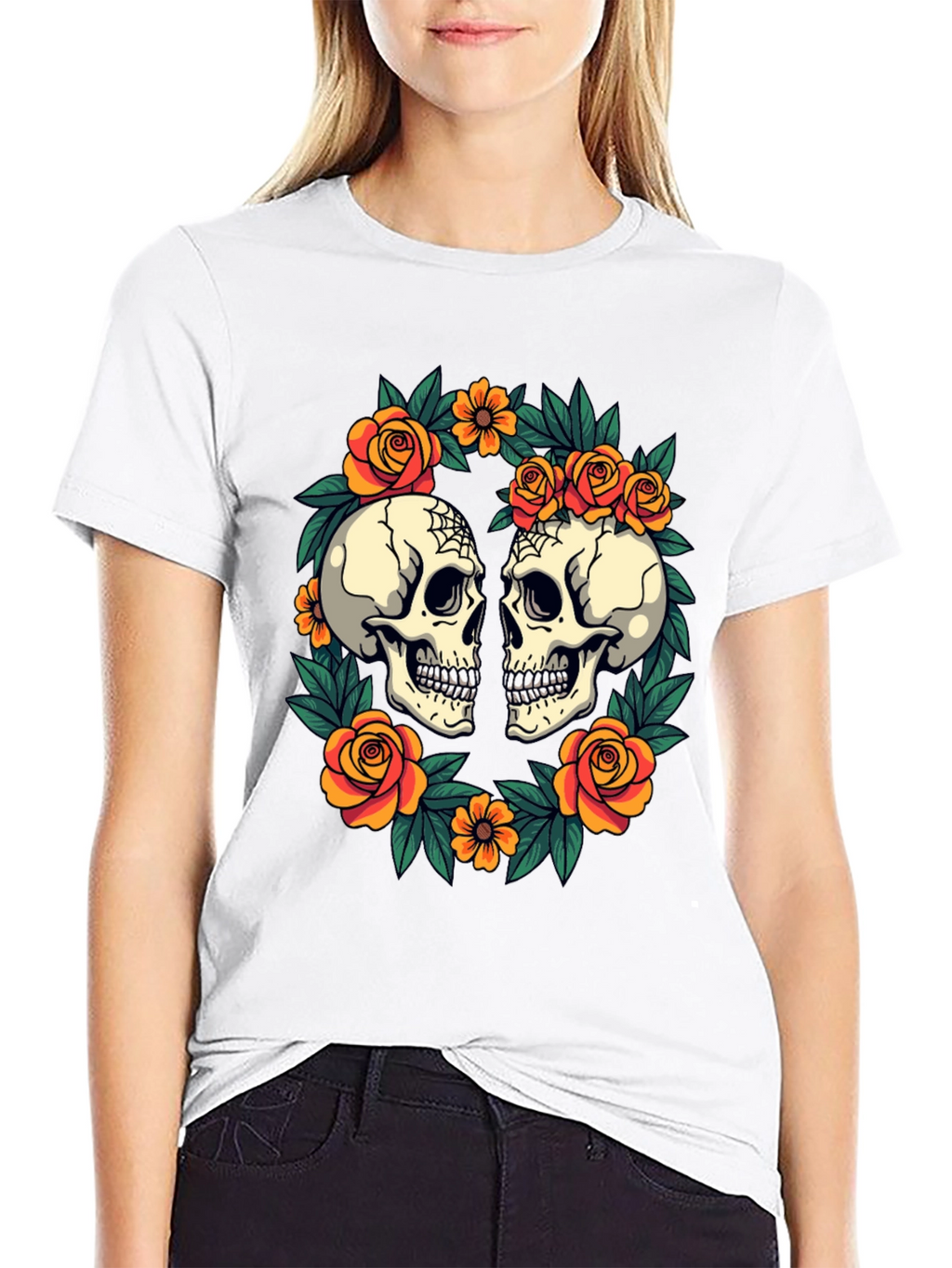 Skull & Rose Wreath T-Shirt - Gothic Aesthetic