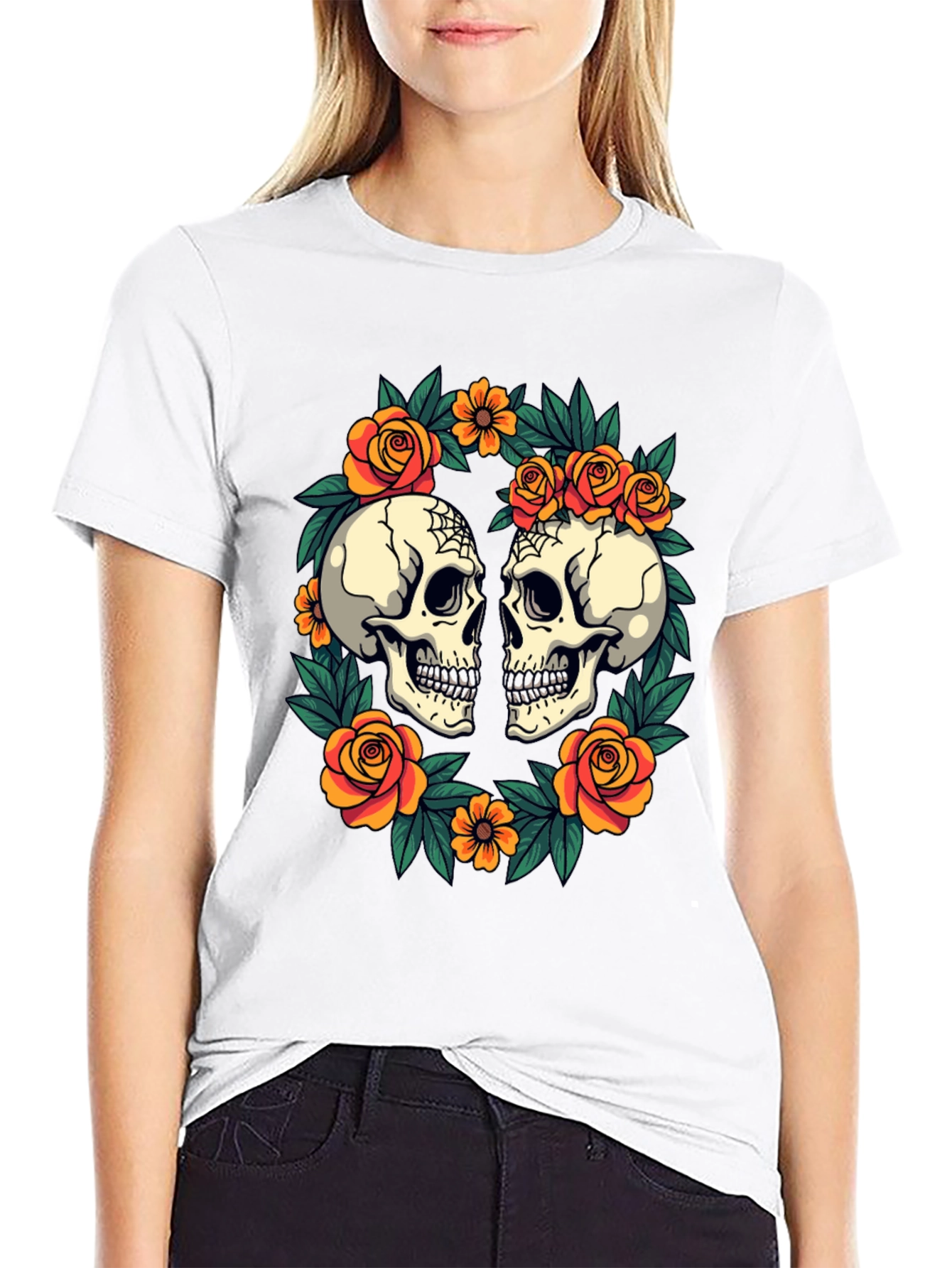 Skull & Rose Wreath T-Shirt - Gothic Aesthetic