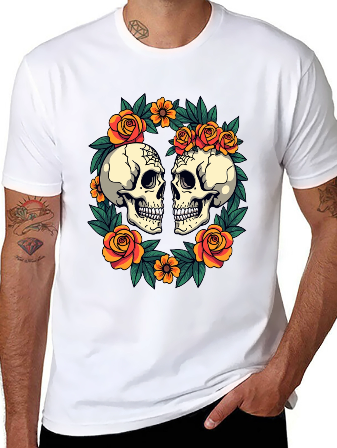 Skull & Rose Wreath T-Shirt - Gothic Aesthetic