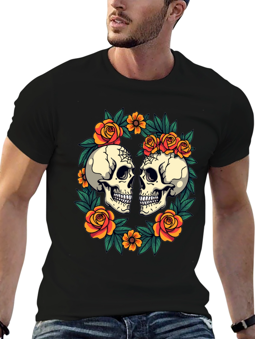 Skull & Rose Wreath T-Shirt - Gothic Aesthetic