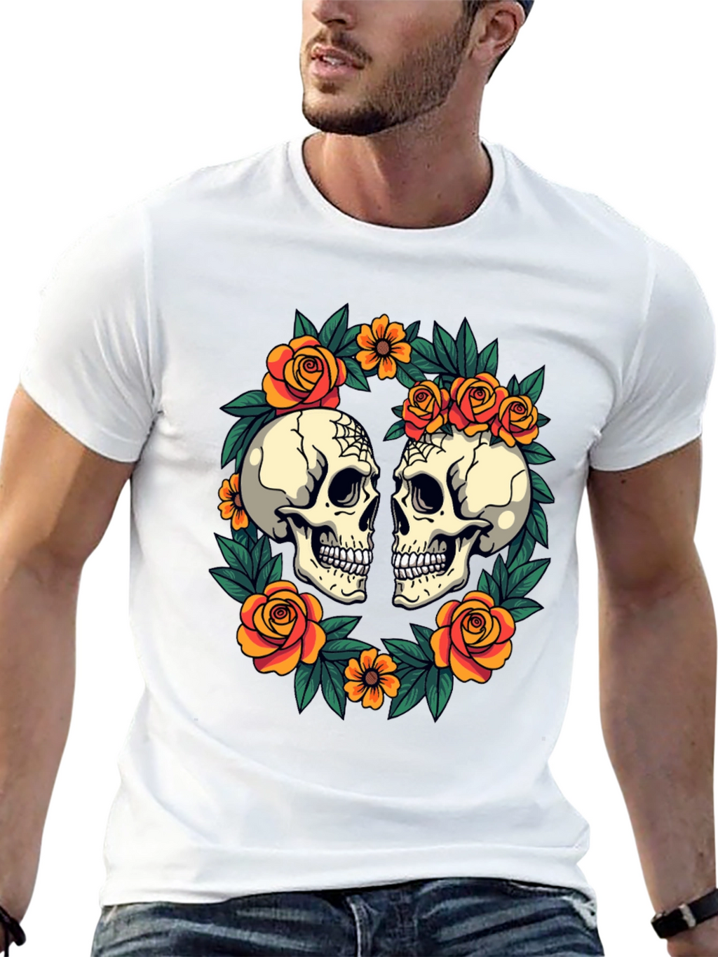 Skull & Rose Wreath T-Shirt - Gothic Aesthetic