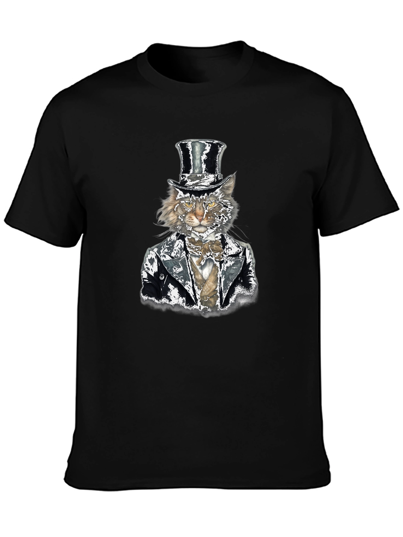 Cat in Top Hat Graphic Tee - Black Cotton T-Shirt