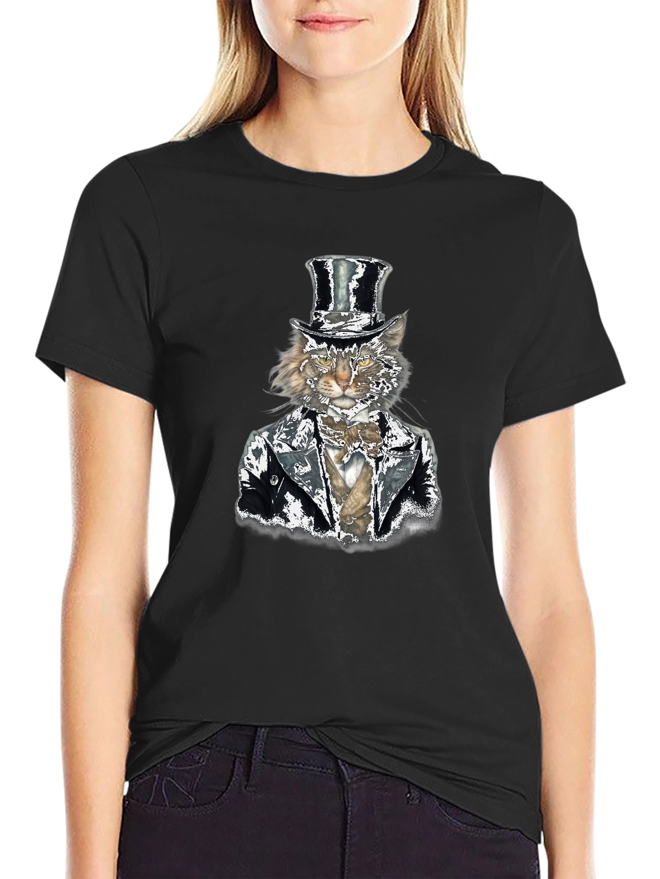 Cat in Top Hat Graphic Tee - Black Cotton T-Shirt
