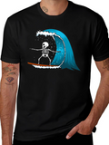 Skeleton Surfing Wave Graphic Tee - Black