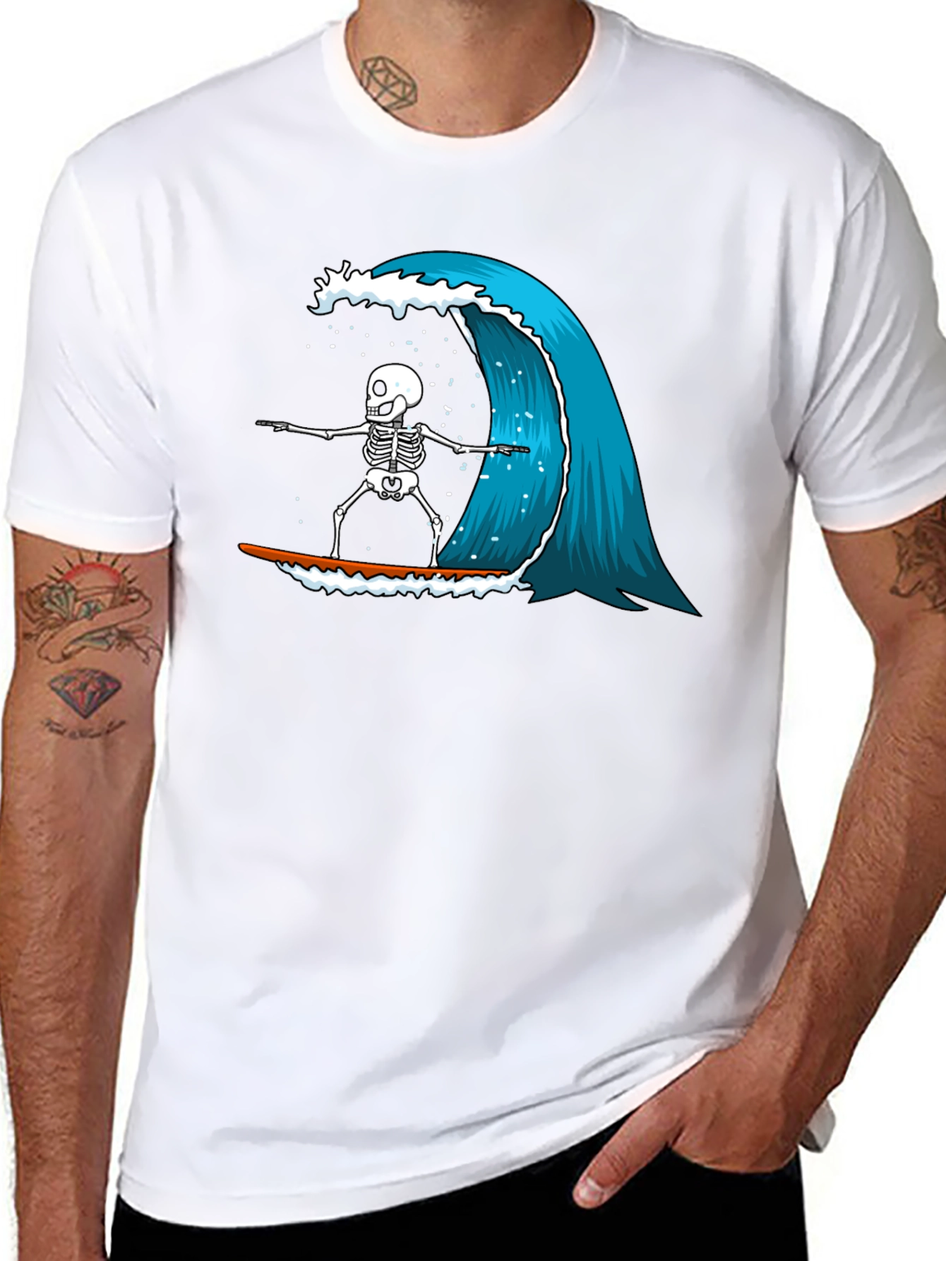 Skeleton Surfing Wave Graphic Tee - Black