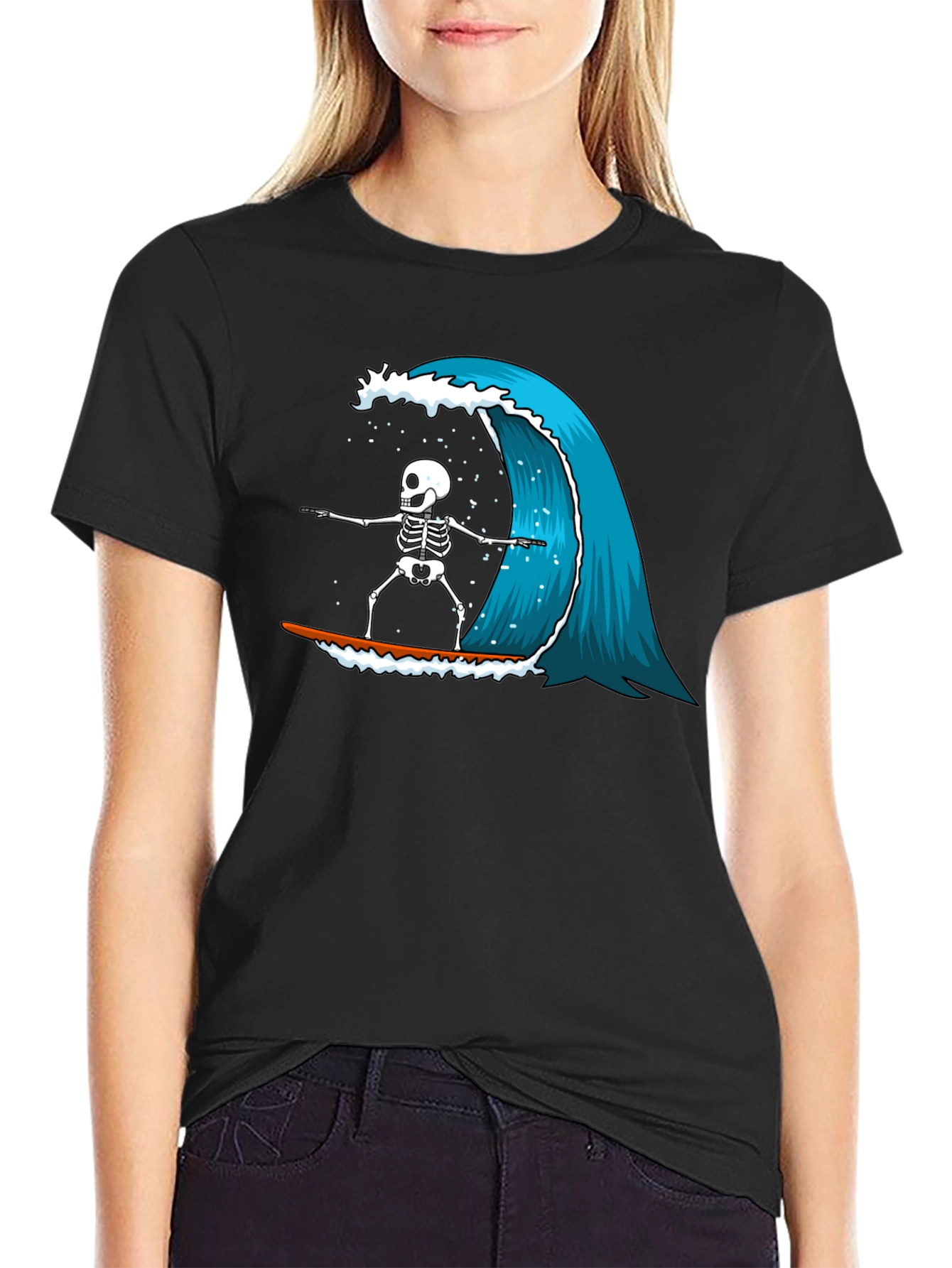 Skeleton Surfing Wave Graphic Tee - Black