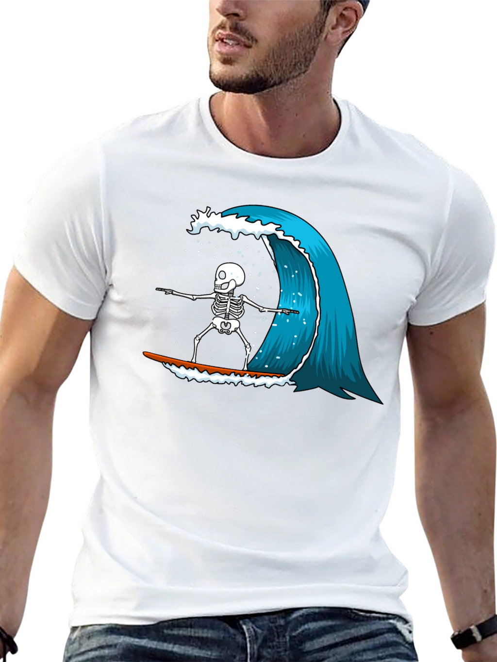 Skeleton Surfing Wave Graphic Tee - Black