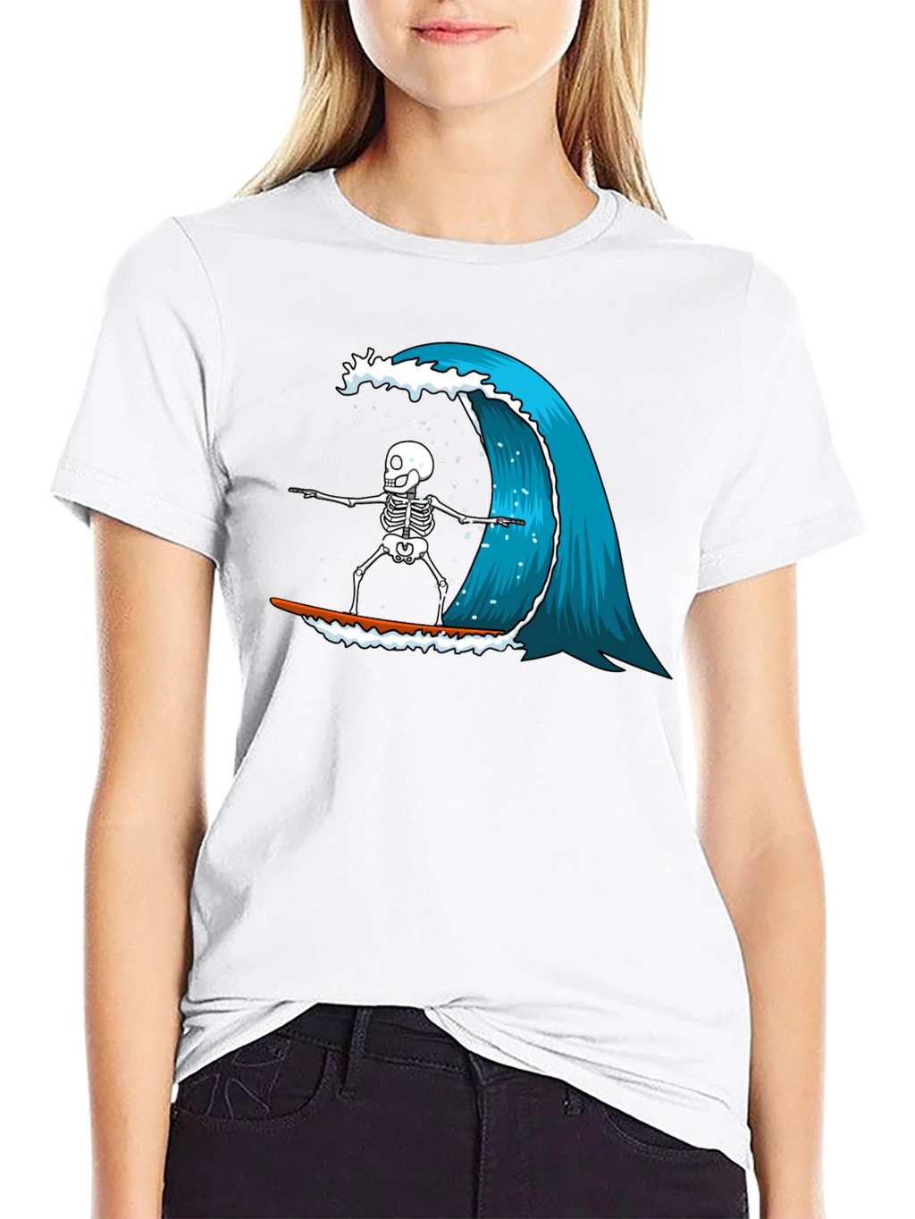 Skeleton Surfing Wave Graphic Tee - Black
