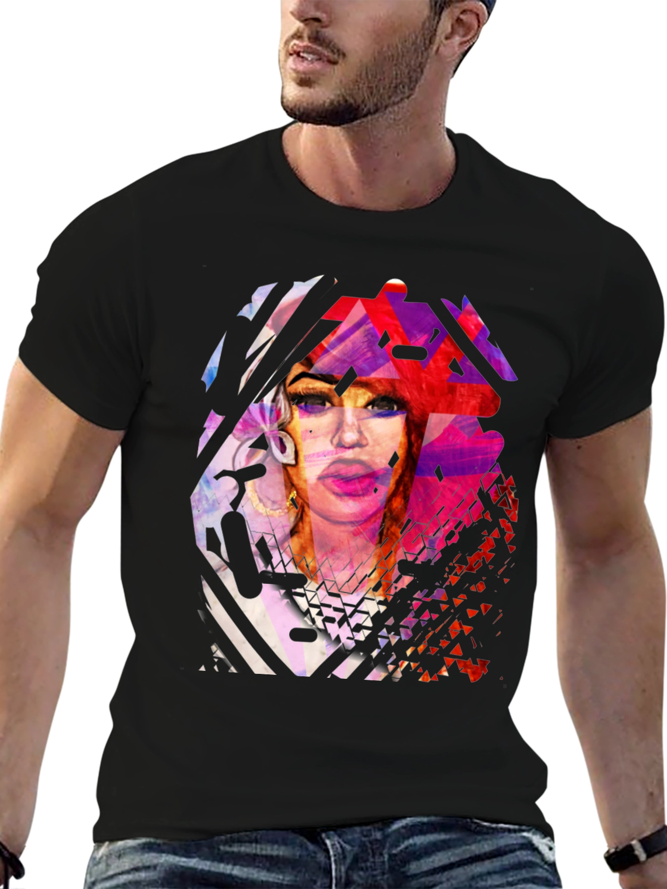 Abstract Portrait Graphic Print Black T-Shirt