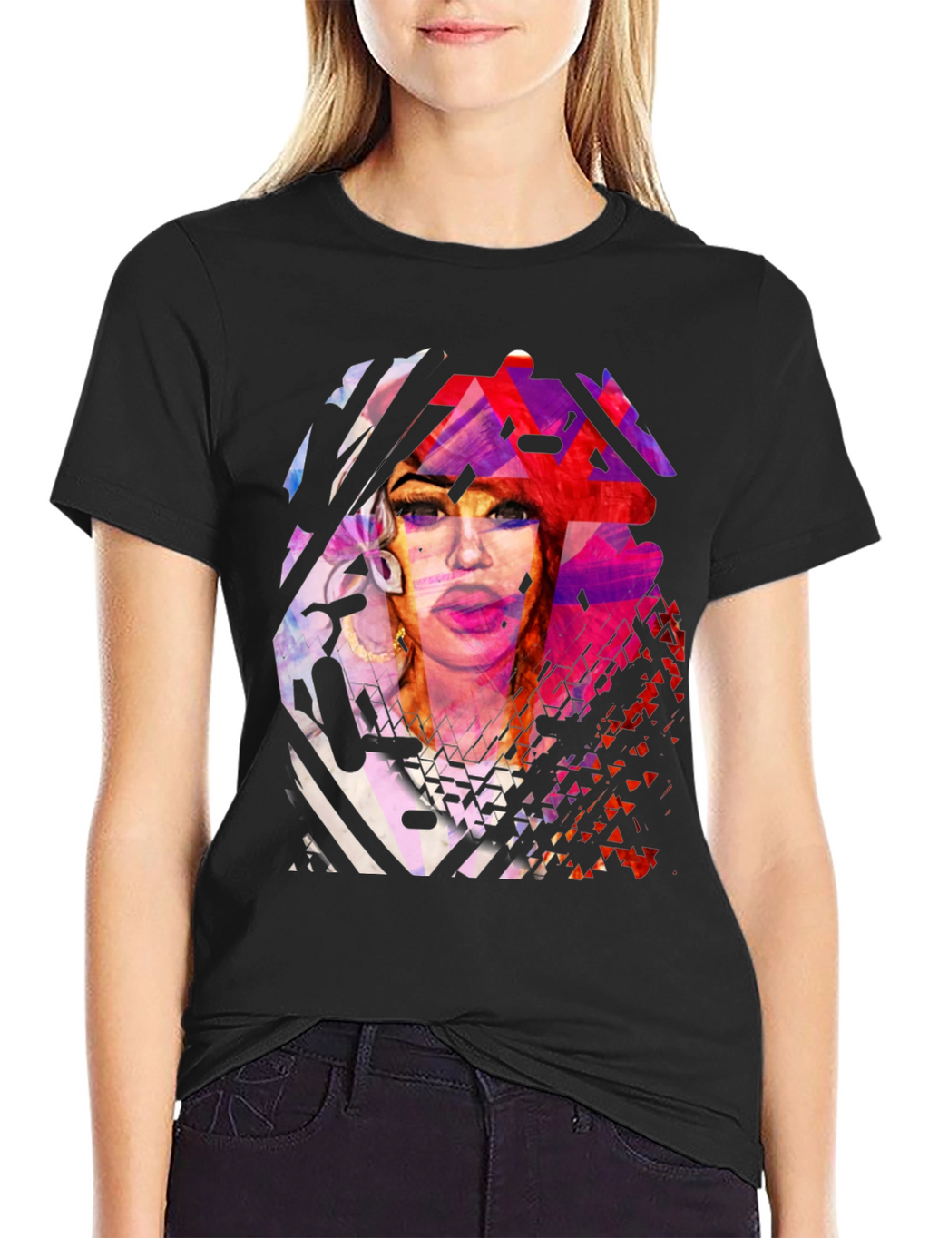 Abstract Portrait Graphic Print Black T-Shirt