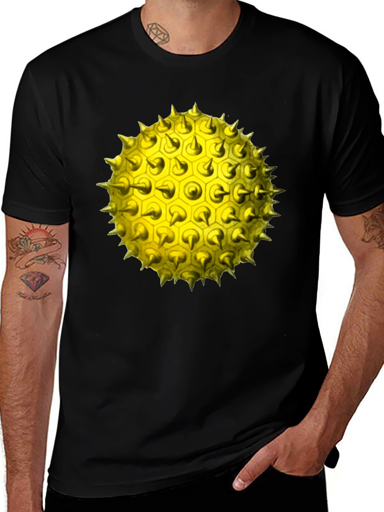 Spiky Yellow Orb Graphic Tee - Modern Black T-Shirt