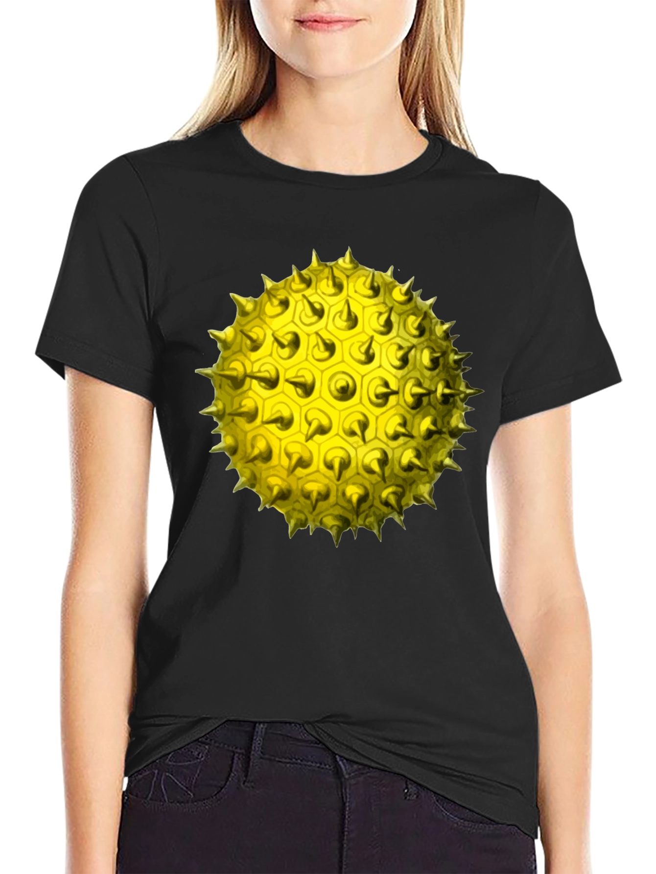 Spiky Yellow Orb Graphic Tee - Modern Black T-Shirt