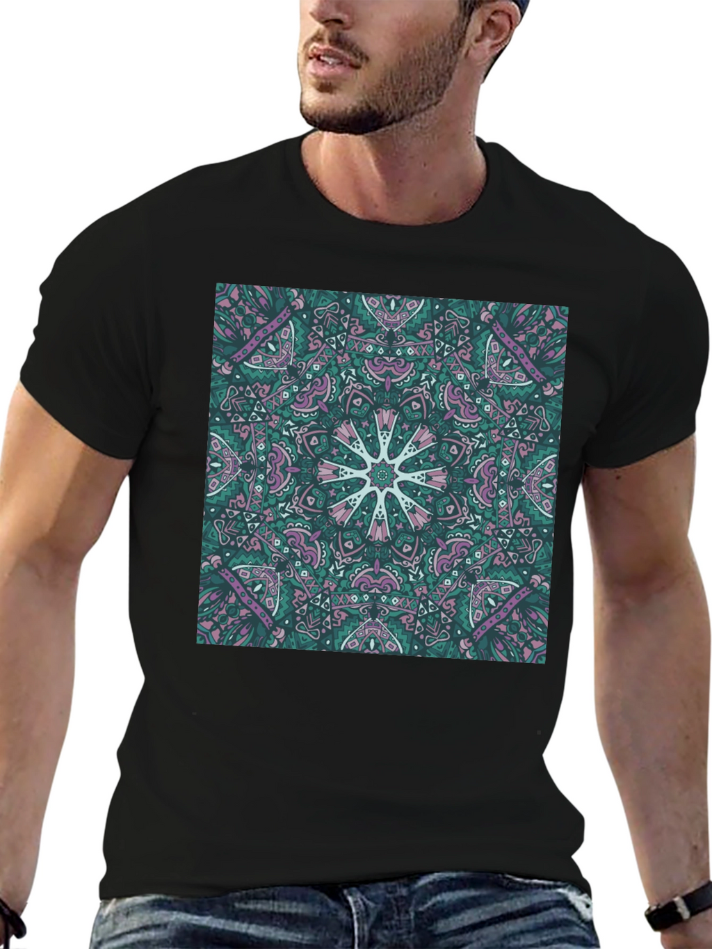 Abstract Mandala Print Black T-Shirt
