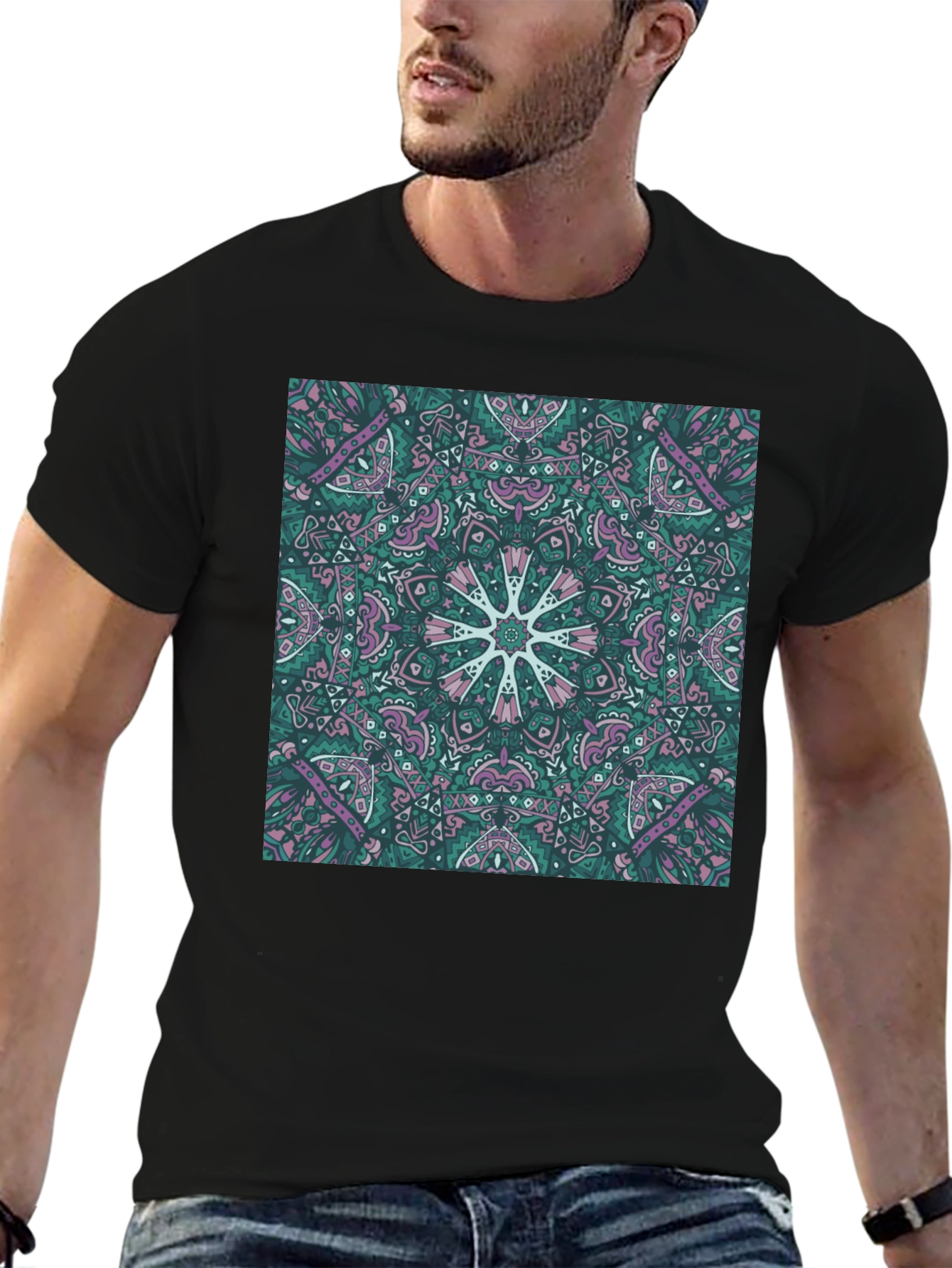 Abstract Mandala Print Black T-Shirt