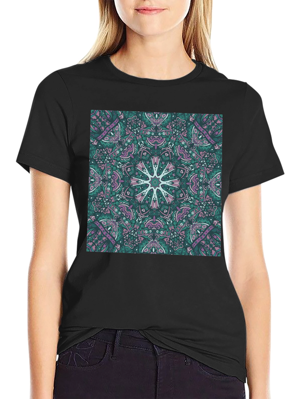 Abstract Mandala Print Black T-Shirt
