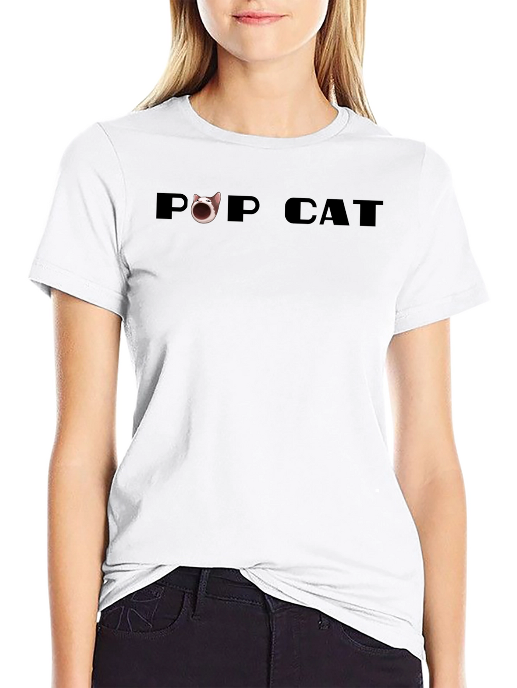 Pop Cat Graphic Tee - Black Cotton Casual Shirt