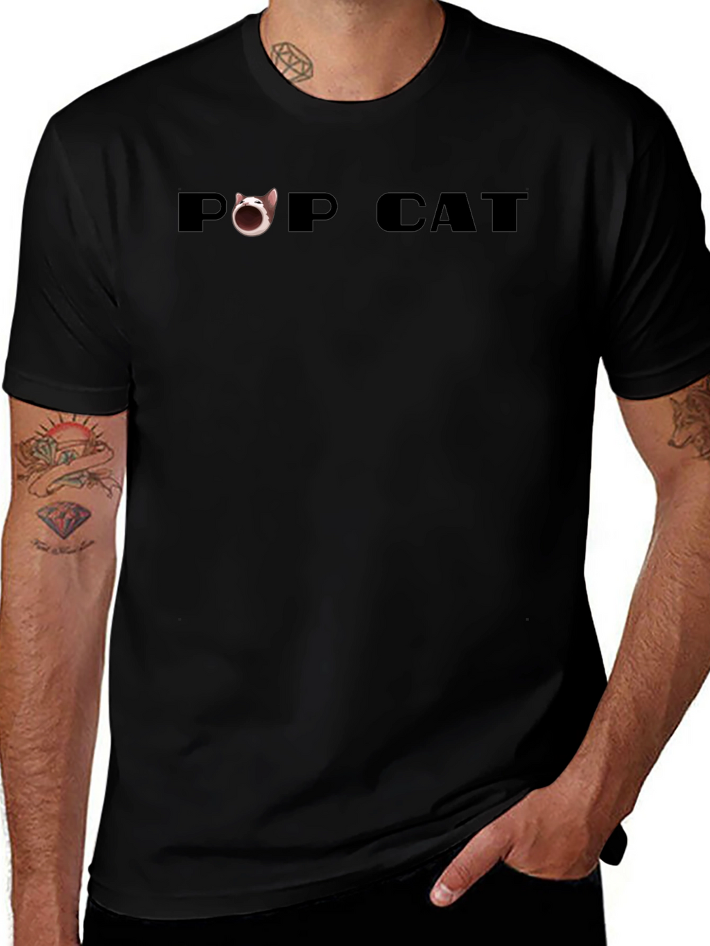 Pop Cat Graphic Tee - Black Cotton Casual Shirt
