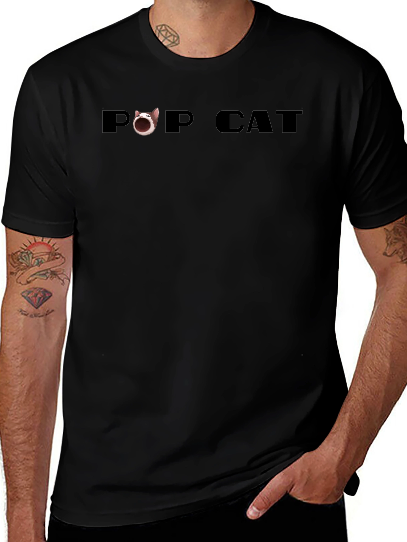 Pop Cat Graphic Tee - Black Cotton Casual Shirt