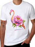 Flamingo & Floral Print Mens Black T-Shirt