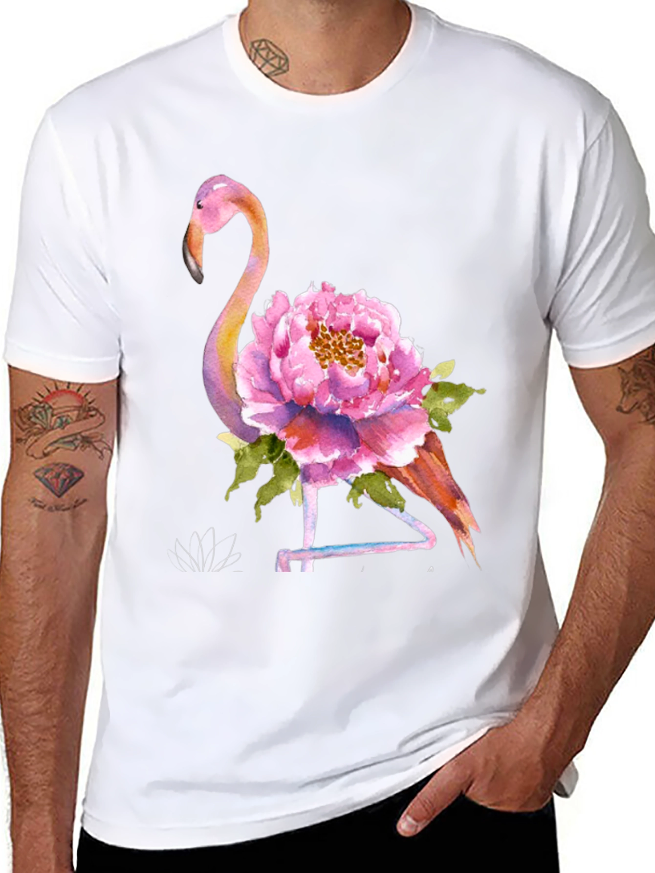 Flamingo & Floral Print Mens Black T-Shirt