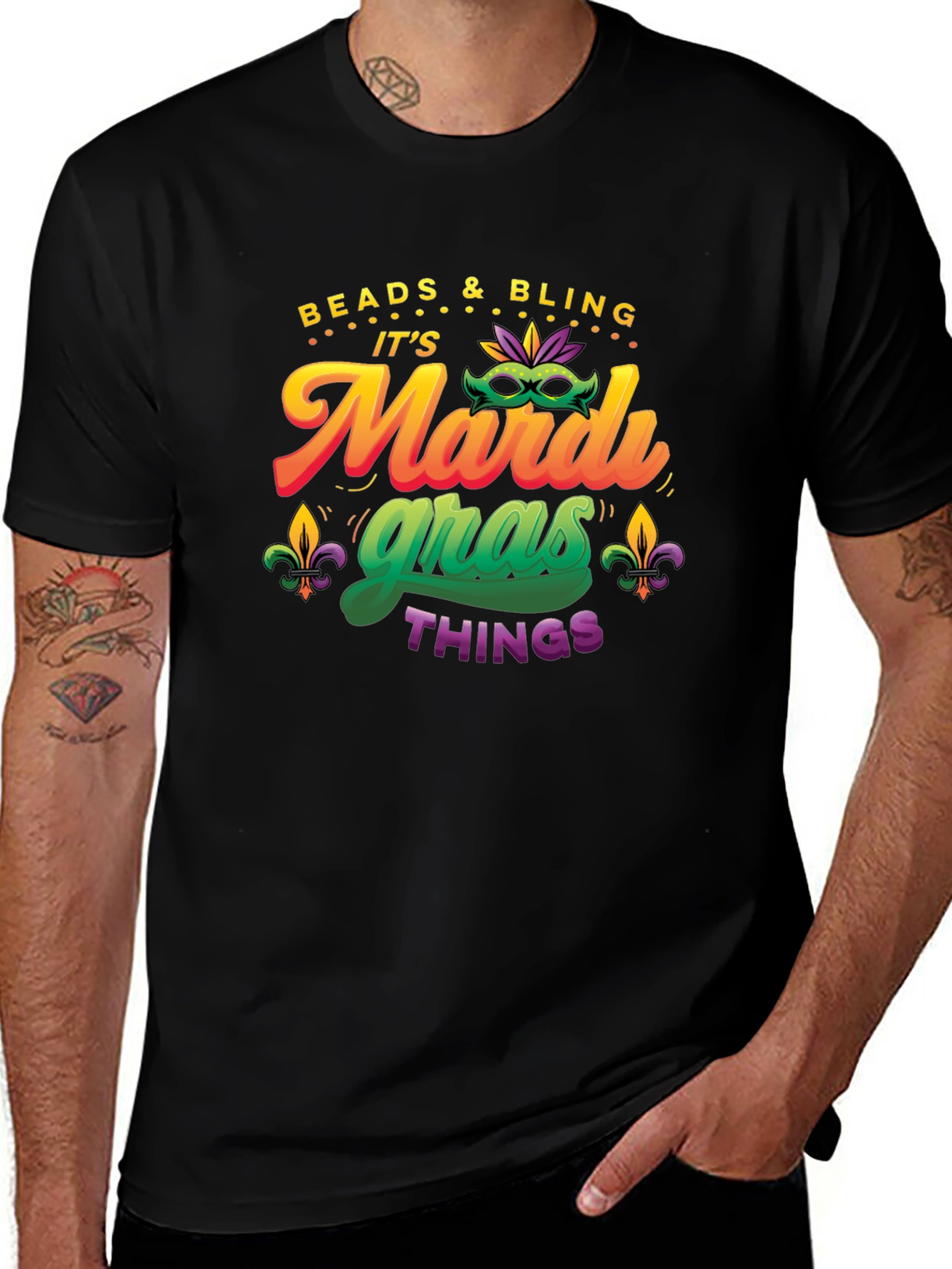 Mardi Gras T-Shirt - Beads & Bling - Mens Black Tee