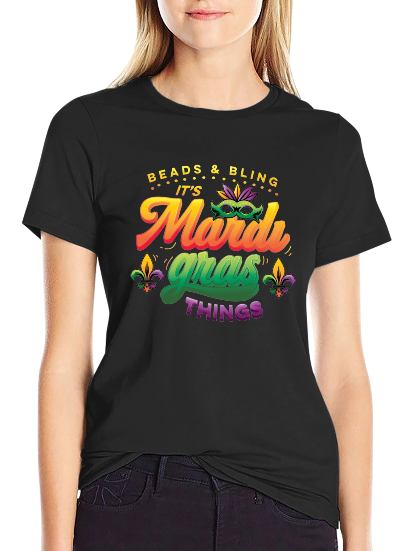 Mardi Gras T-Shirt - Beads & Bling - Mens Black Tee