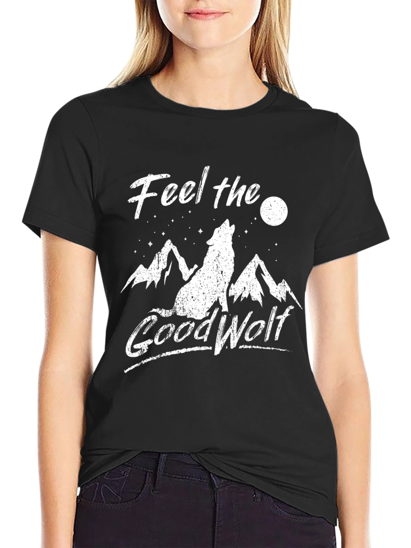 Feel the Good Wolf Graphic Tee - Black Cotton T-Shirt