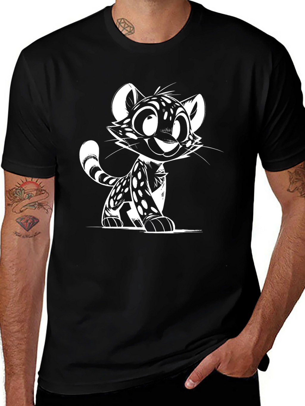 Cartoon Cat Graphic Tee - Black Unisex T-Shirt