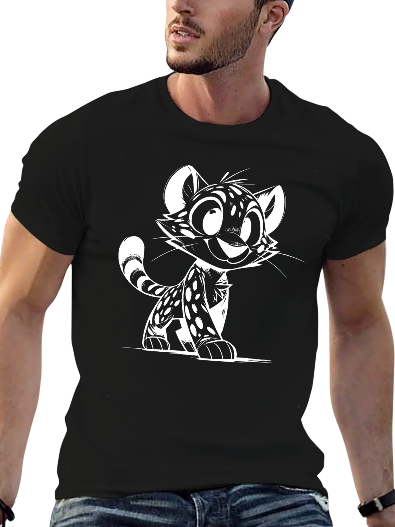 Cartoon Cat Graphic Tee - Black Unisex T-Shirt