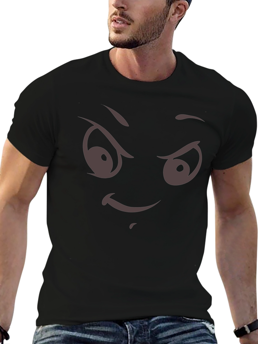 Mens Black T-Shirt with Evil Face Graphic Print
