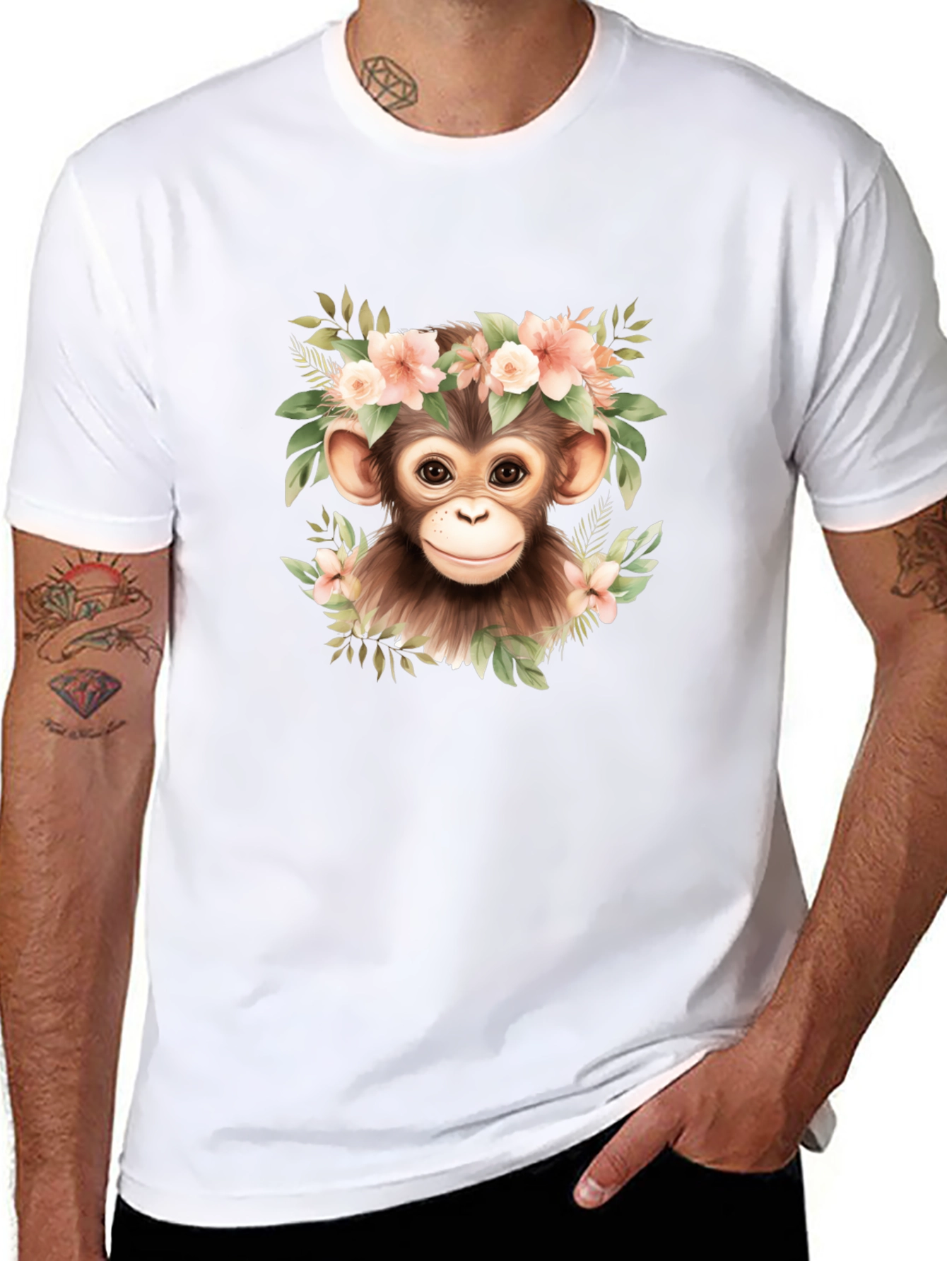 Cute Monkey Floral Wreath Graphic Tee