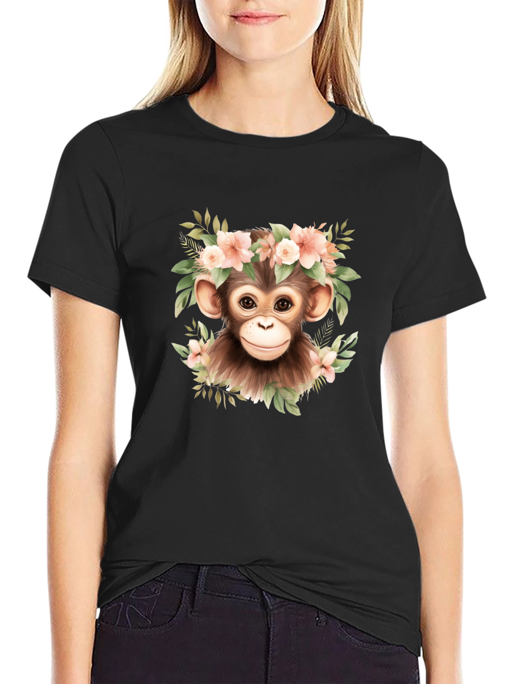 Cute Monkey Floral Wreath Graphic Tee