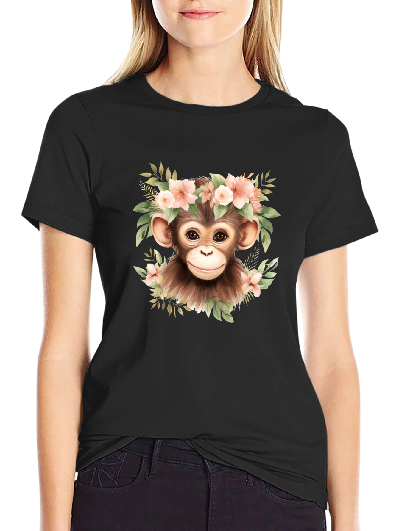 Cute Monkey Floral Wreath Graphic Tee