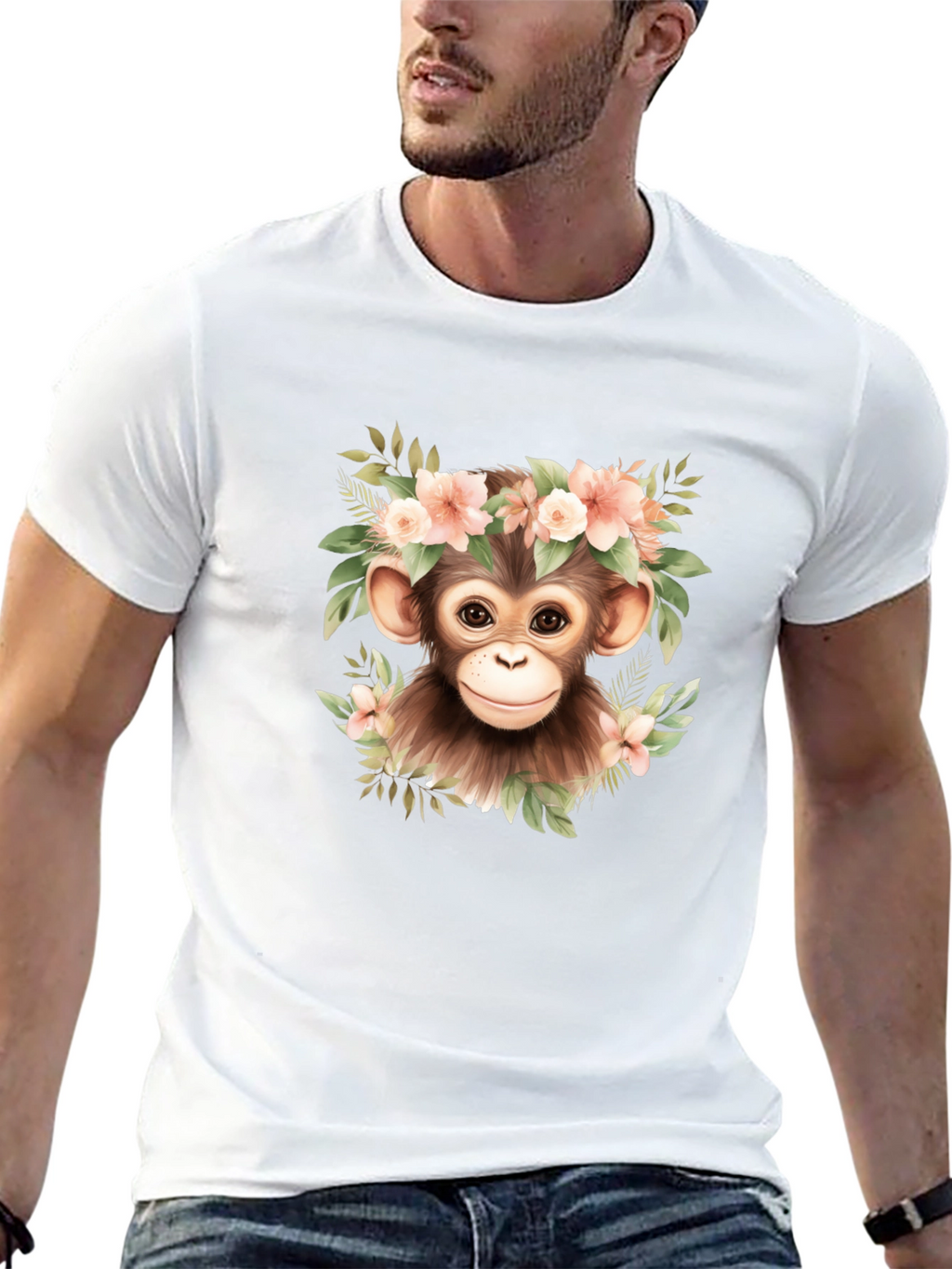 Cute Monkey Floral Wreath Graphic Tee