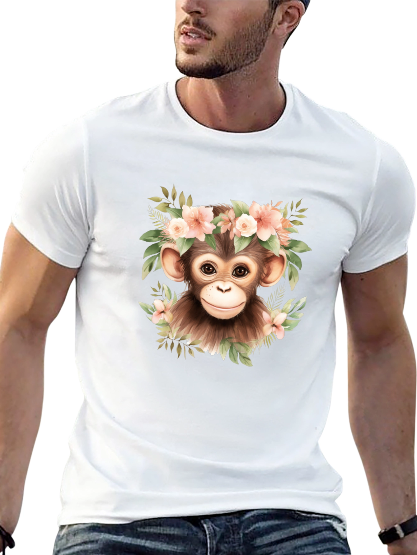 Cute Monkey Floral Wreath Graphic Tee