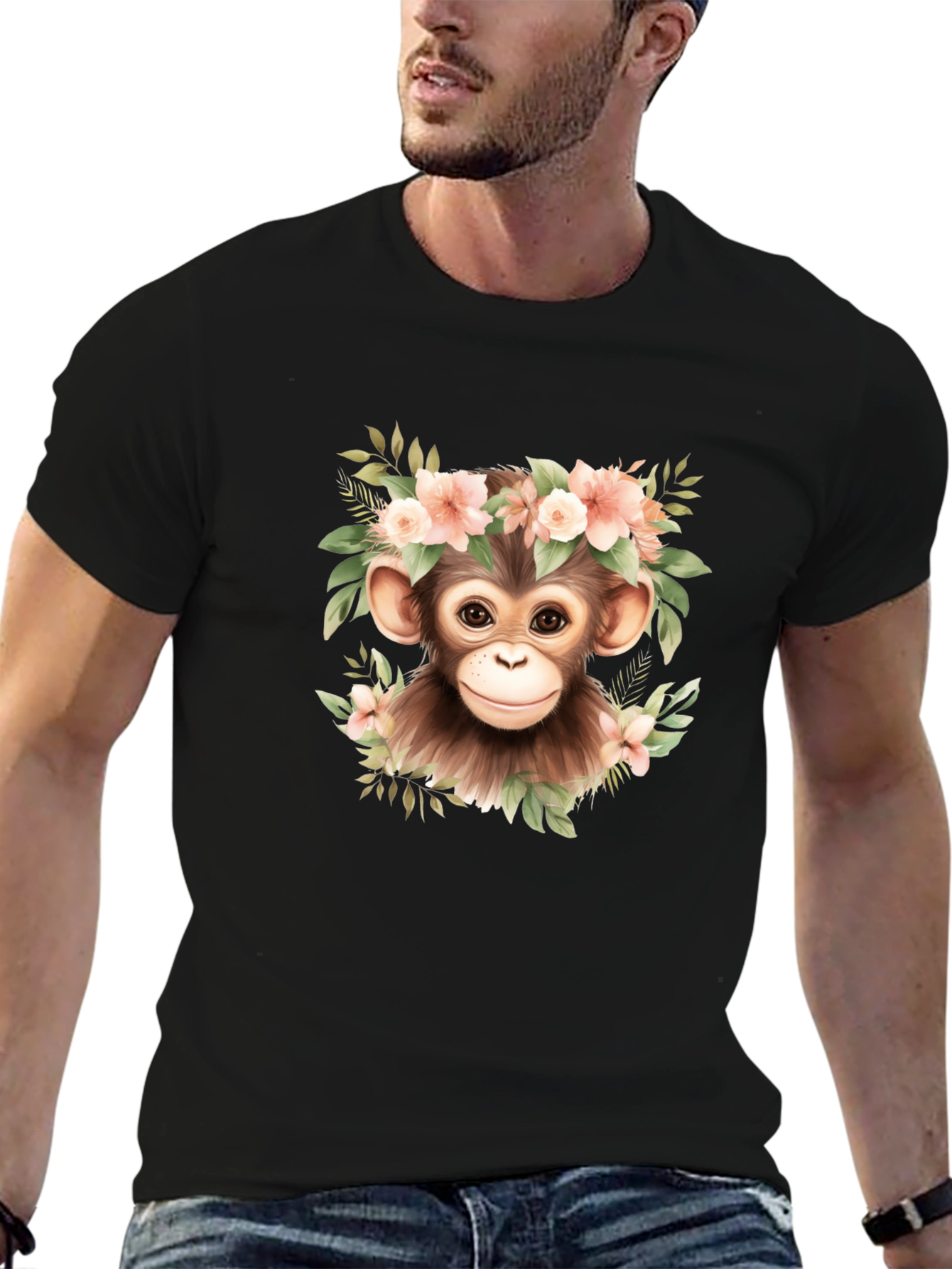 Cute Monkey Floral Wreath Graphic Tee