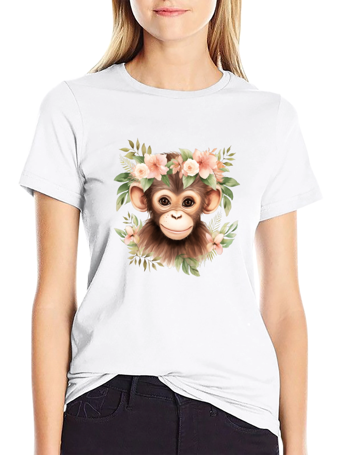 Cute Monkey Floral Wreath Graphic Tee