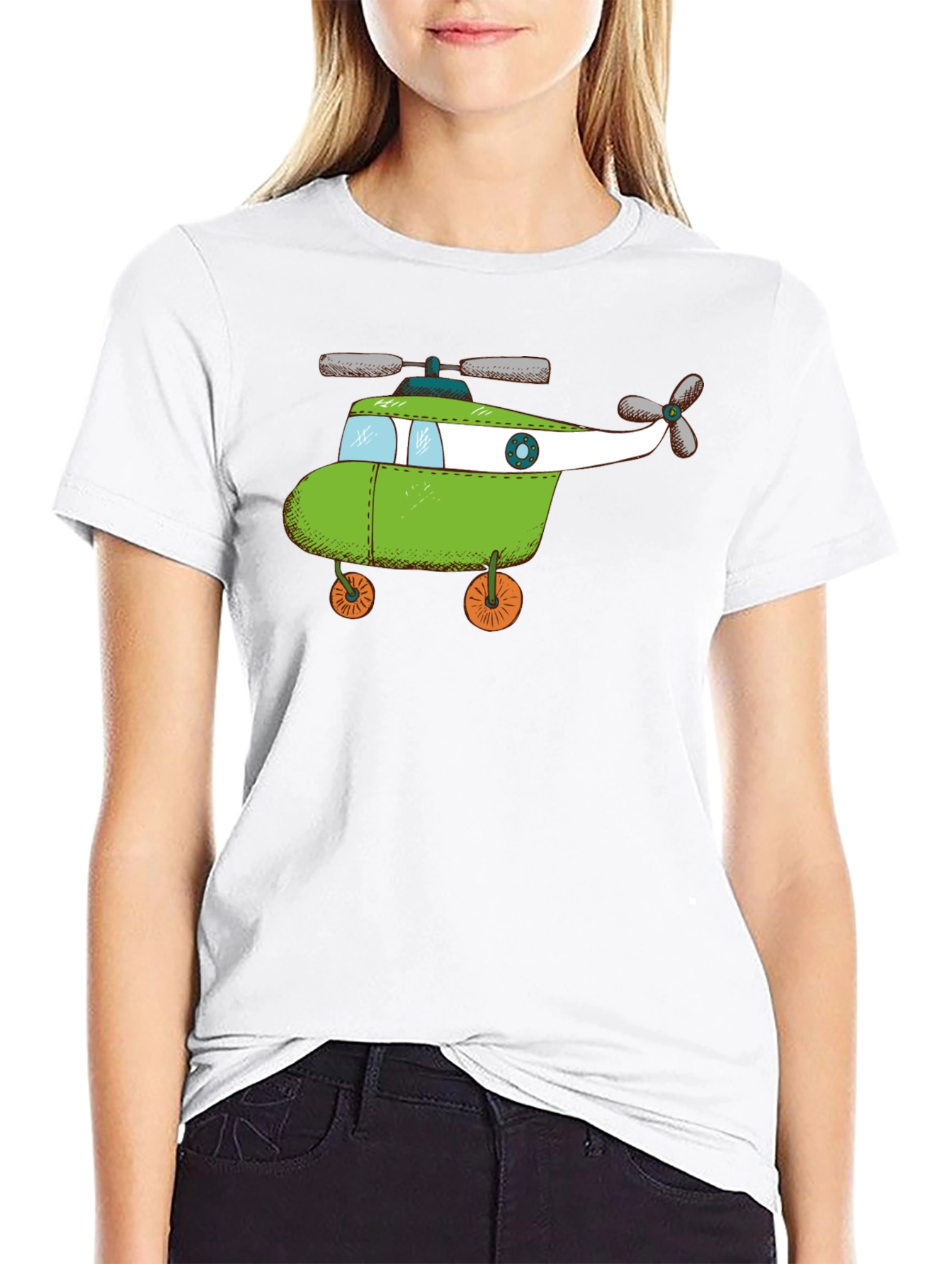 Whimsical Helicopter Graphic Tee - Black