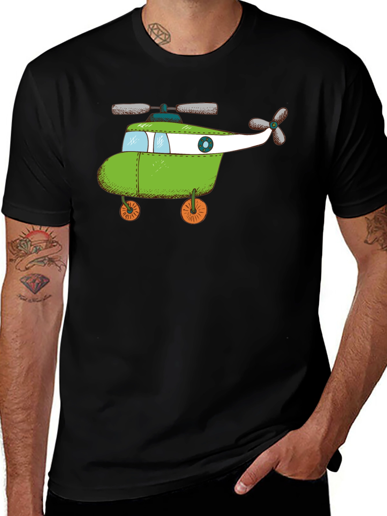 Whimsical Helicopter Graphic Tee - Black