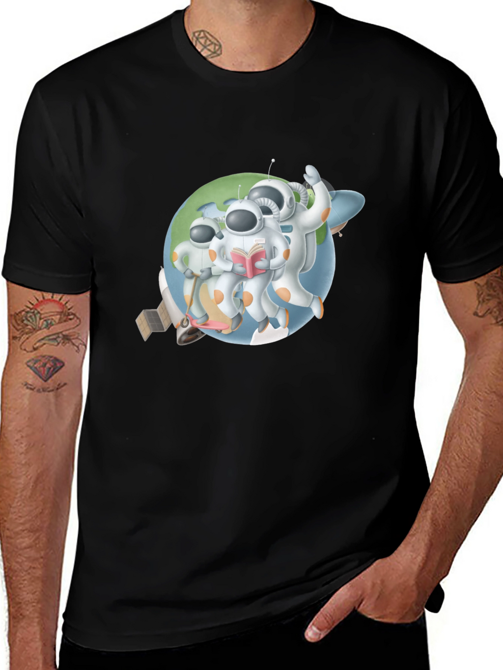 Astronauts Graphic T-Shirt - Black Crew Neck