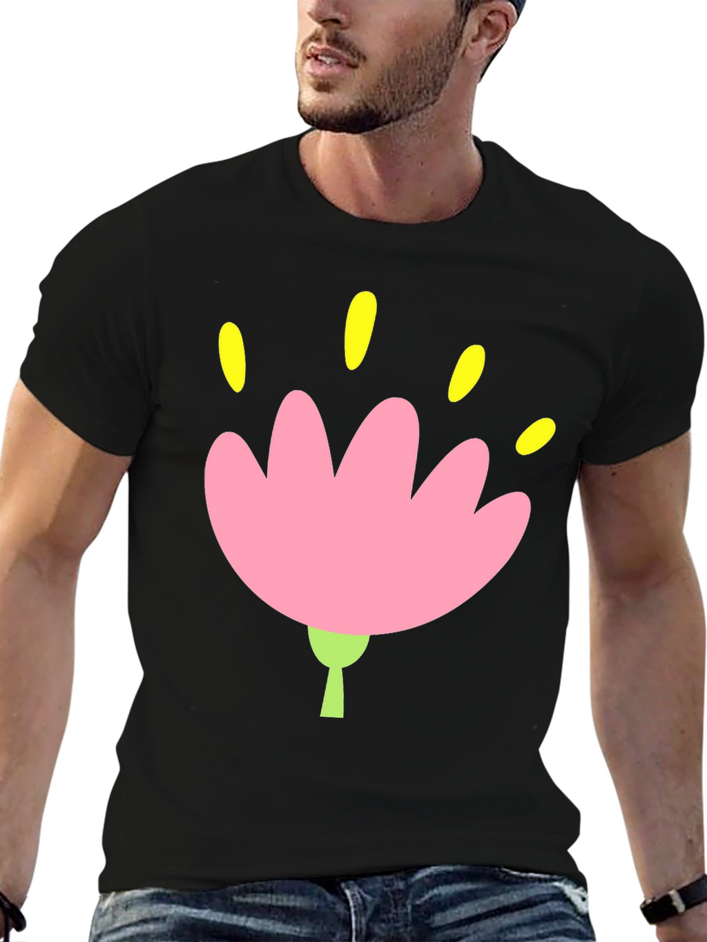 Black Tee with Pink Flower Graphic