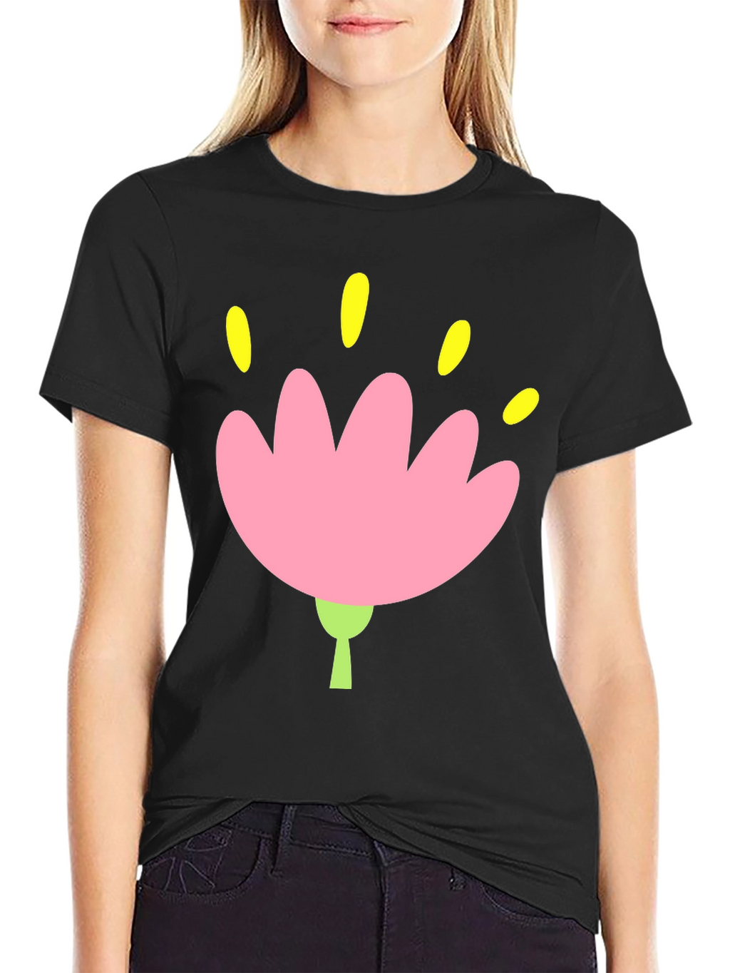 Black Tee with Pink Flower Graphic