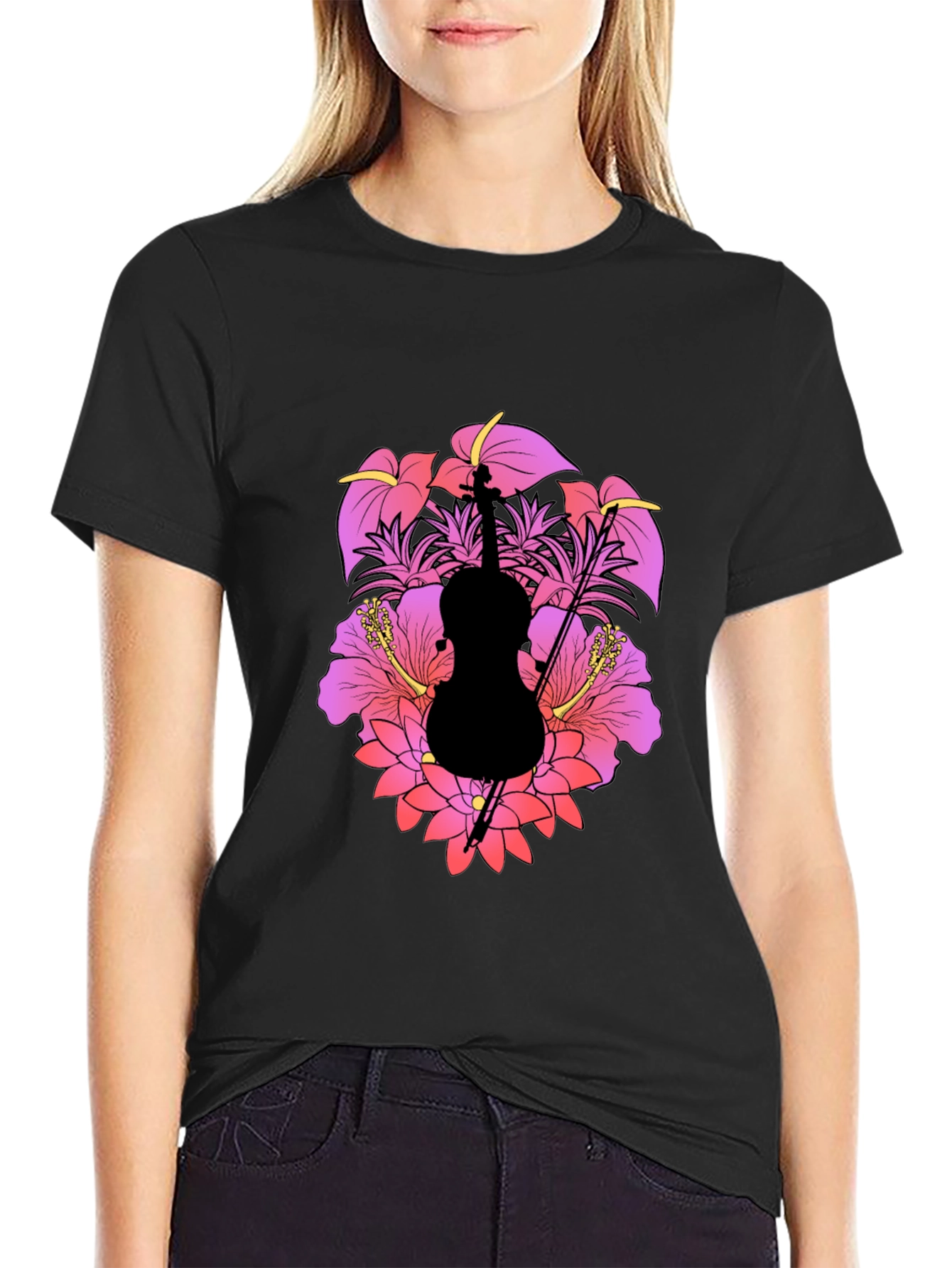 Floral Cello Mens Black T-Shirt