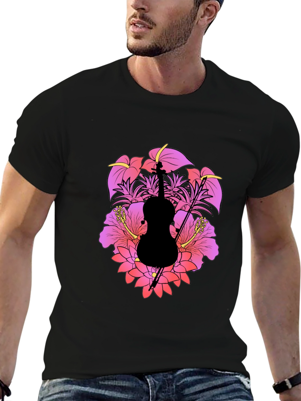 Floral Cello Mens Black T-Shirt