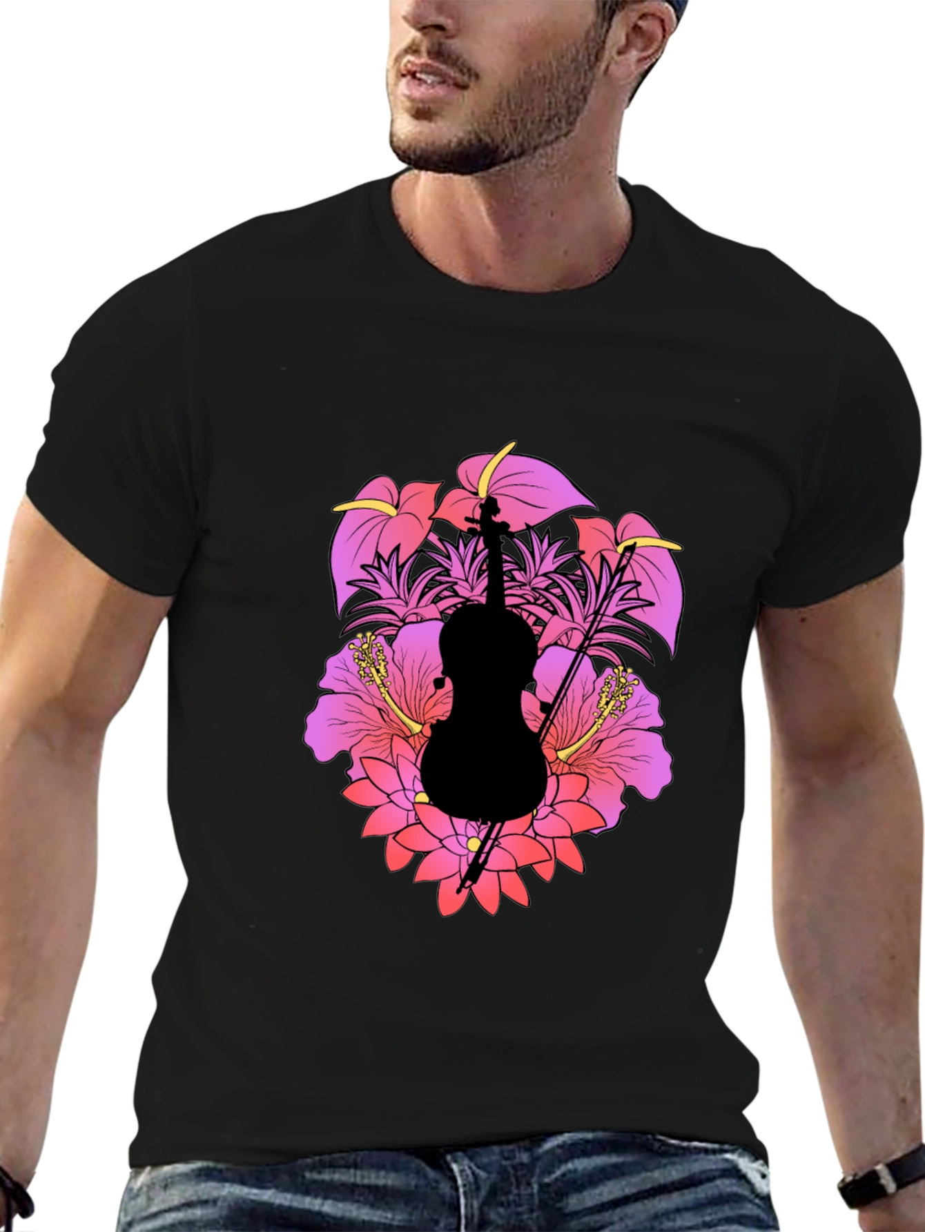 Floral Cello Mens Black T-Shirt